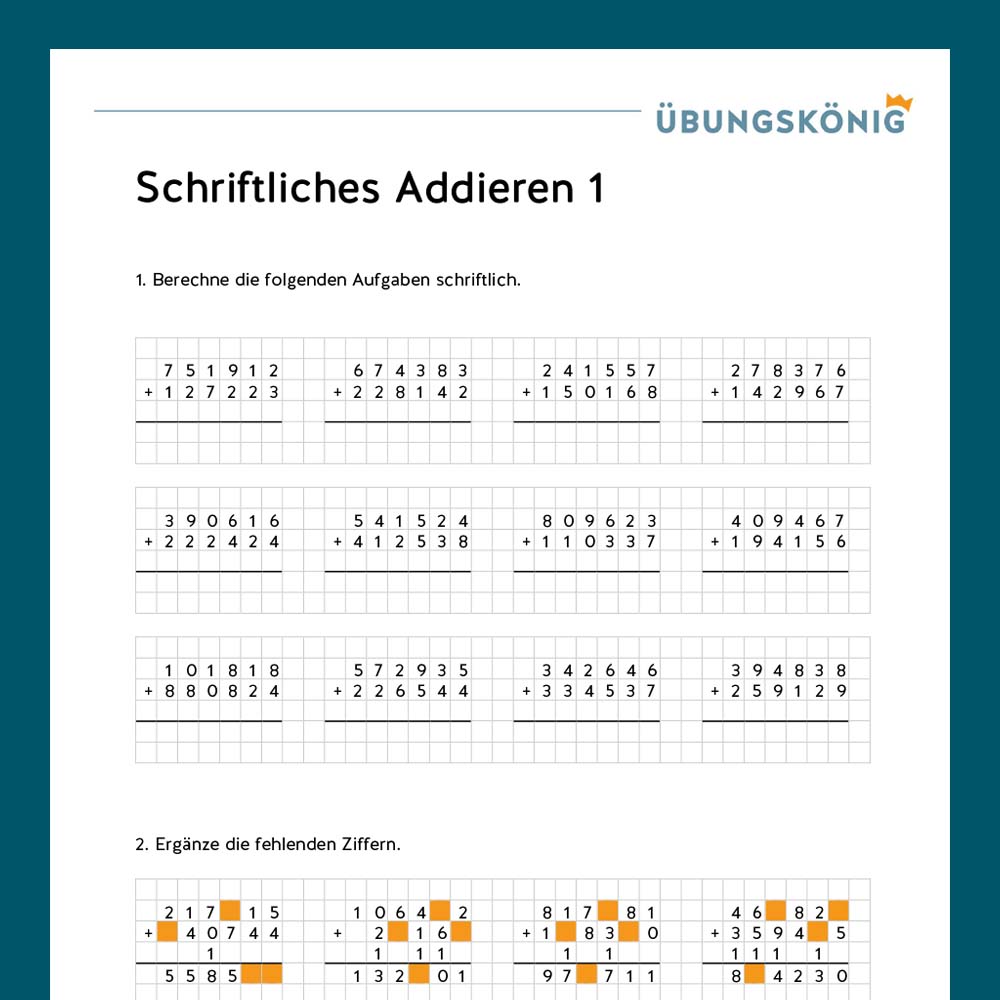 Königspaket: Schriftliches Addieren ZR 1 000 000 (Mathe, Mittelschule)