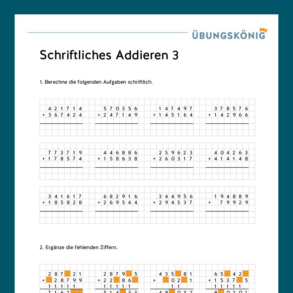 Königspaket: Schriftliches Addieren ZR 1 000 000 (Mathe, Mittelschule)