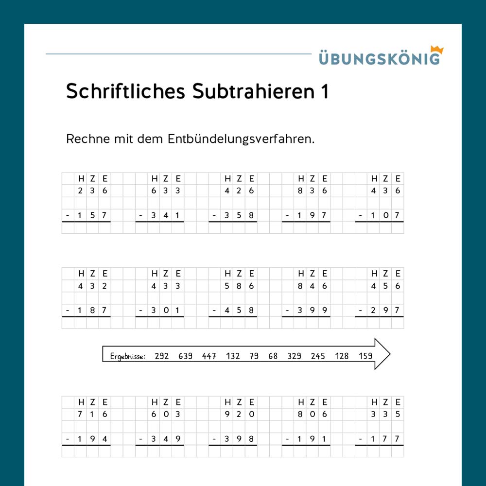 Königspaket: Schriftliches Subtrahieren im ZR 1 000  (Mathe, Mittelschule)