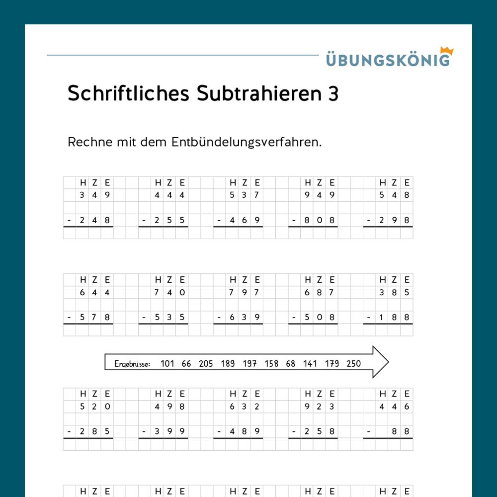 Königspaket: Schriftliches Subtrahieren im ZR 1 000  (Mathe, Mittelschule)