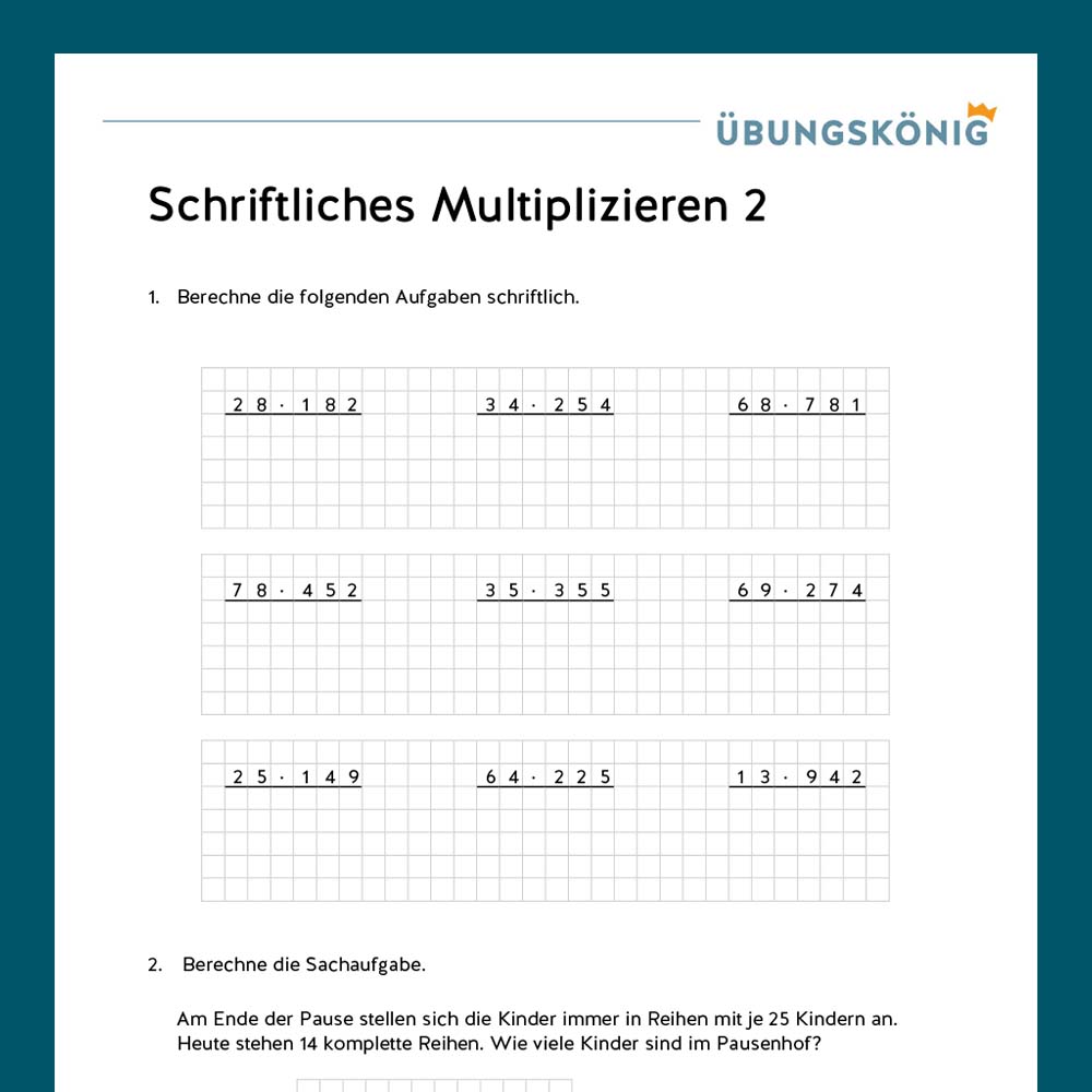 Königspaket: Schriftliches Multiplizieren, zweistellige und dreistellige Faktoren (Mathe, Mittelschule)