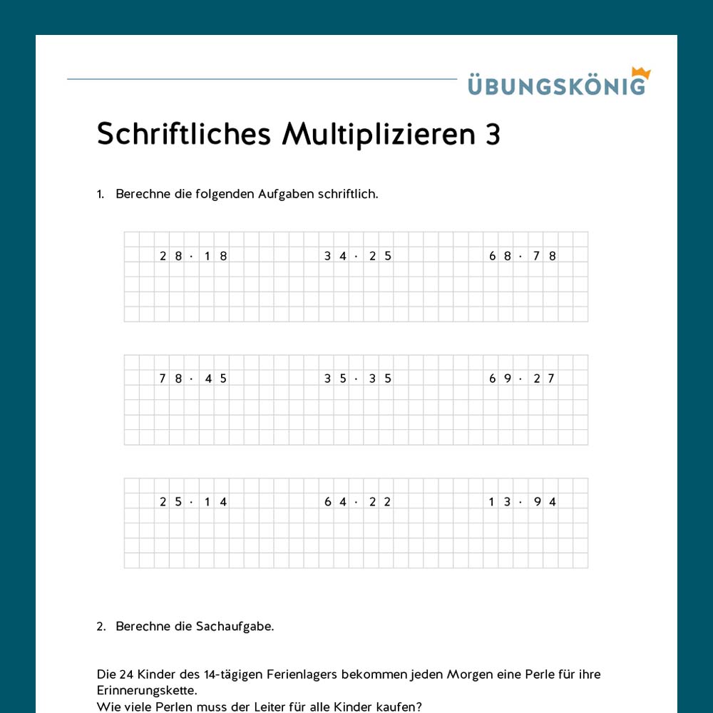 Königspaket: Schriftliches Multiplizieren, zweistellige Faktoren (Mathe, Mittelschule)