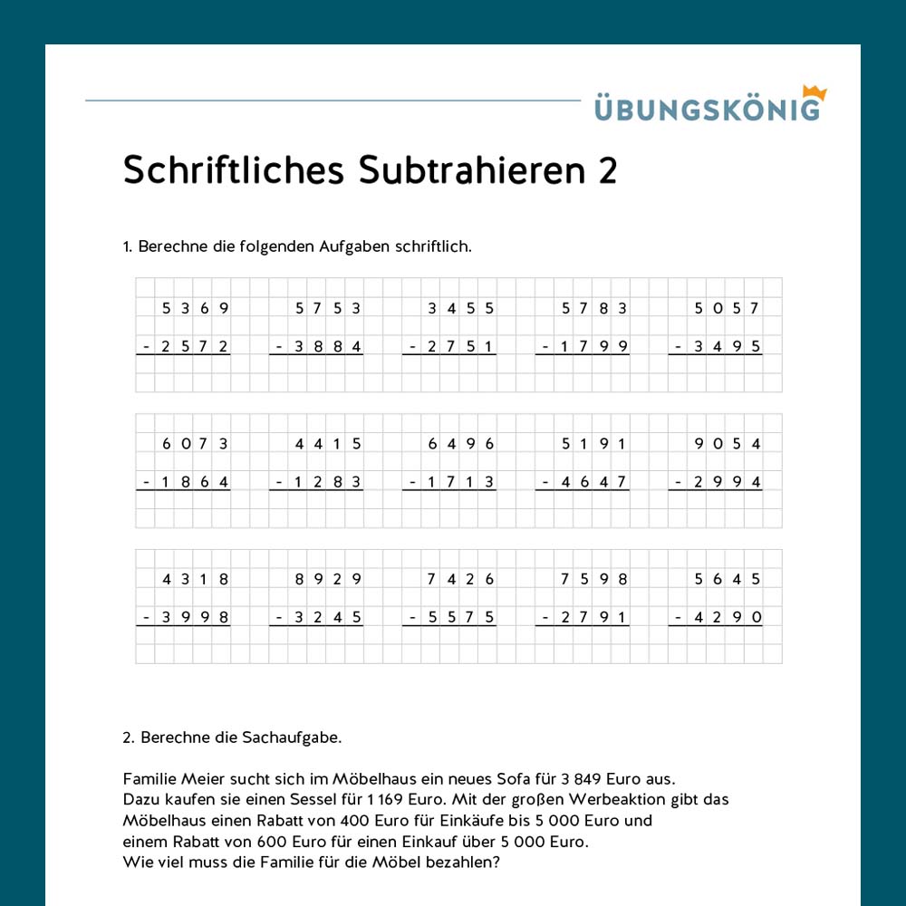 Königspaket: Schriftliches Subtrahieren ZR 10 000 (Mathe, Mittelschule)