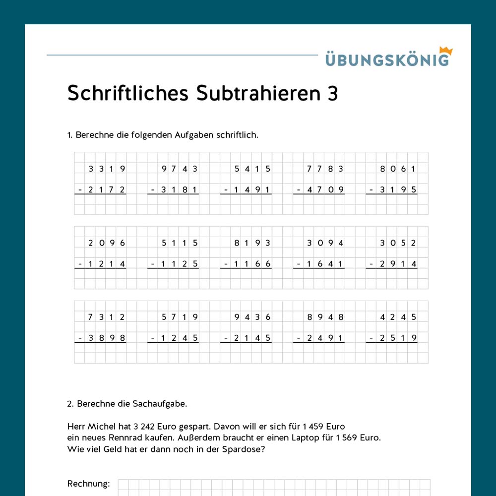 Königspaket: Schriftliches Subtrahieren ZR 10 000 (Mathe, Mittelschule)