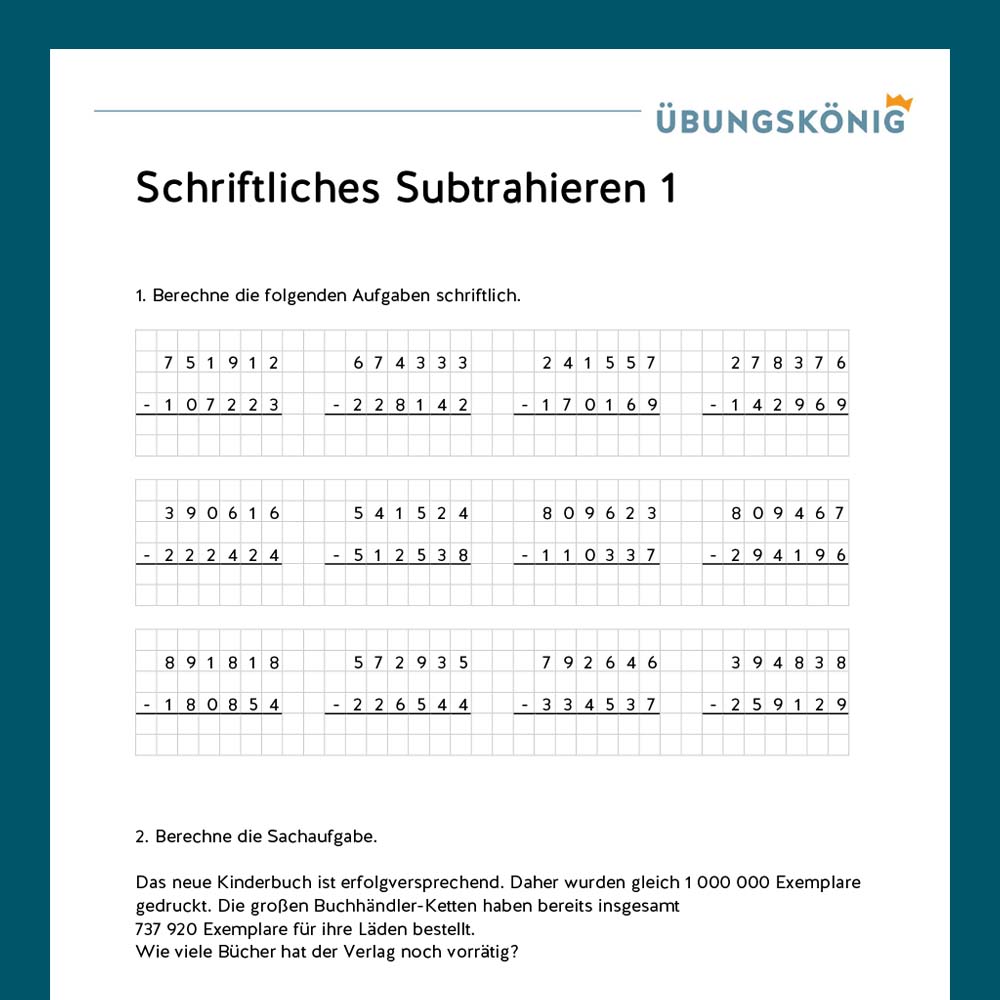 Königspaket: Schriftliches Subtrahieren ZR 1 000 000 (Mathe, Mittelschule)