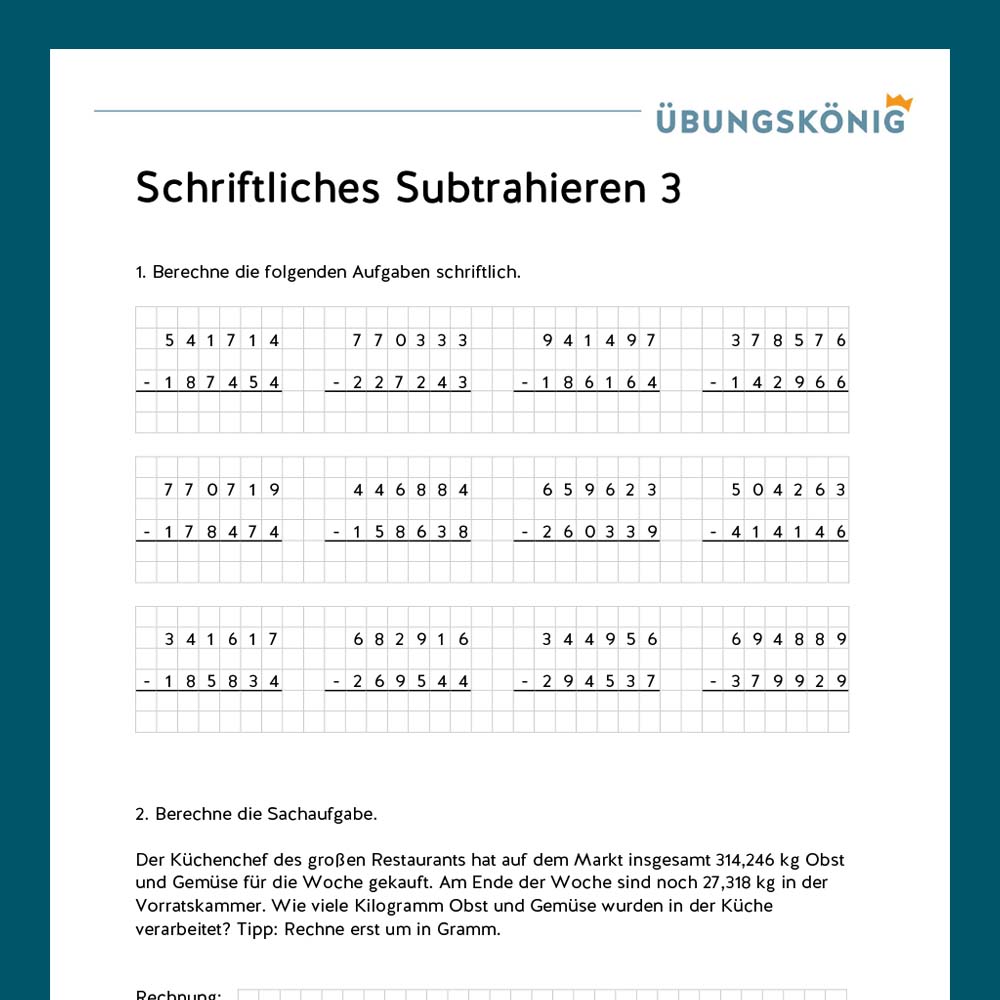 Königspaket: Schriftliches Subtrahieren ZR 1 000 000 (Mathe, Mittelschule)