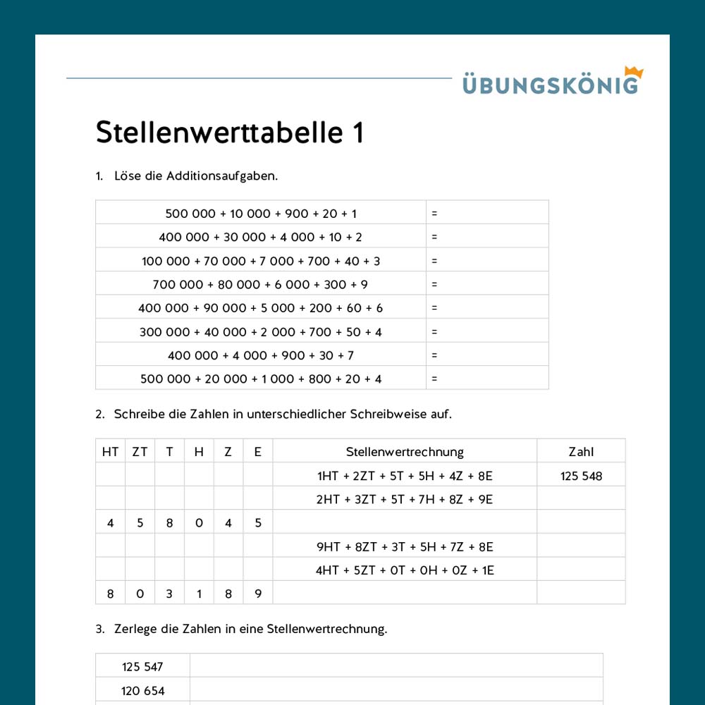 Königspaket: Stellenwerttabelle und Zahlenstrahl ZR 1 000 000 (Mathe, Mittelschule)