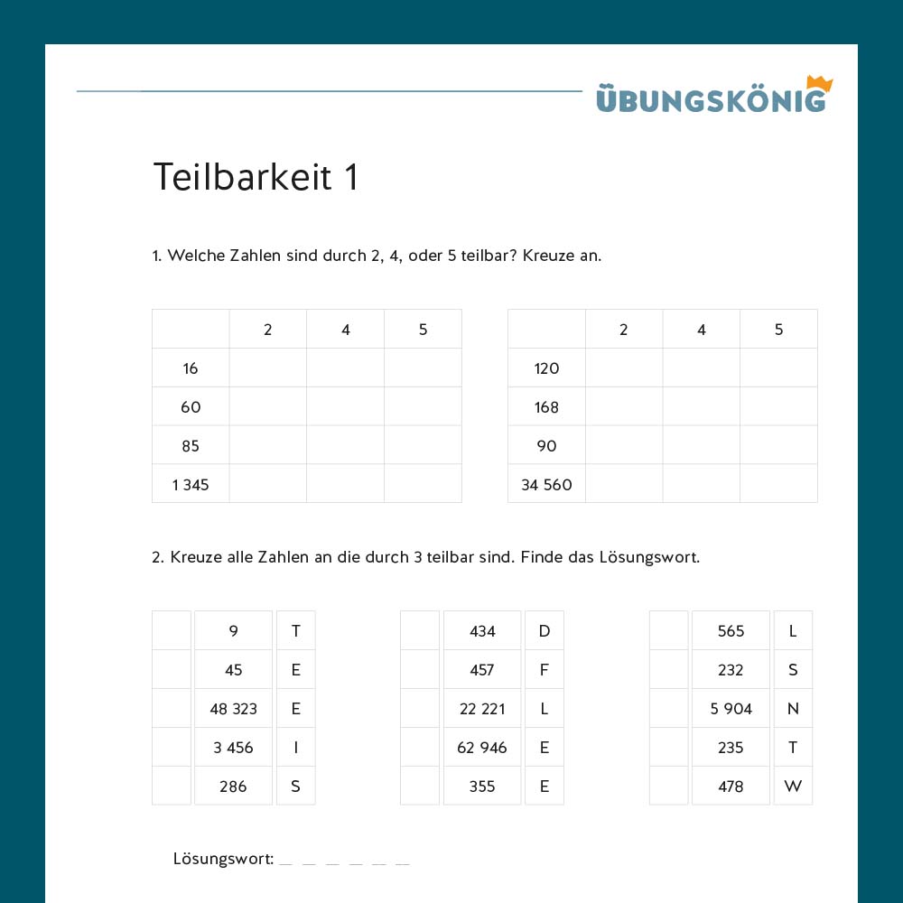 Königspaket: Teilbarkeit (Mathe, Mittelschule)