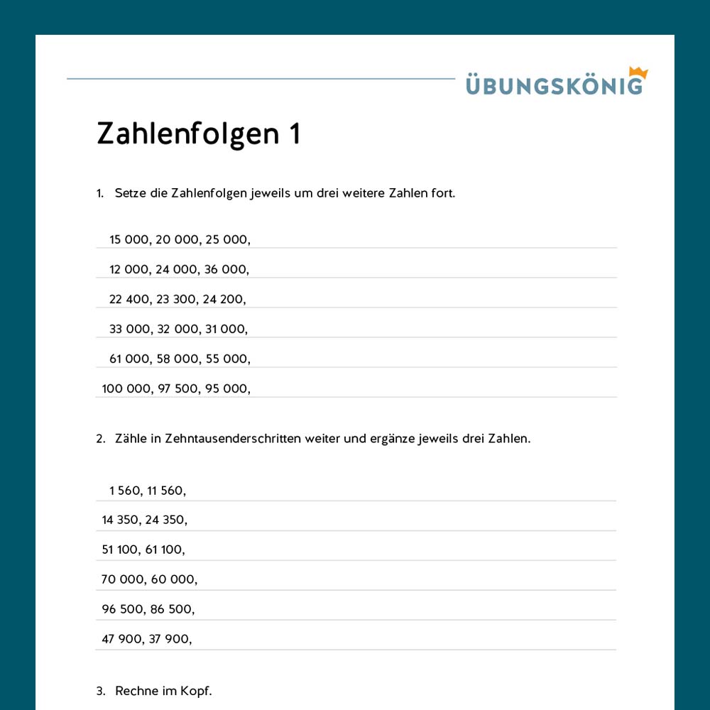 Königspaket: Zahlenfolgen im Zahlenraum 100 000 (Mathe, Mittelschule)