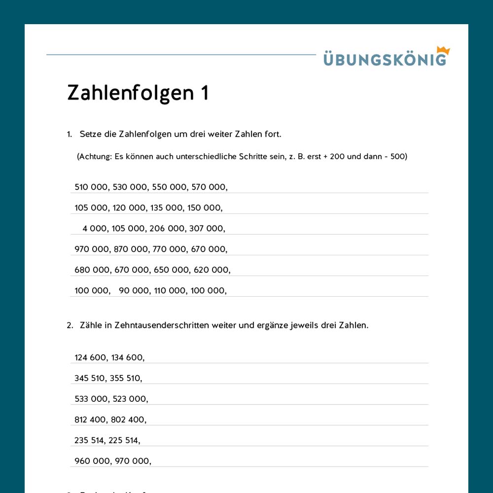 Königspaket: Zahlenfolgen ZR 1 000 000 (Mathe, Mittelschule)