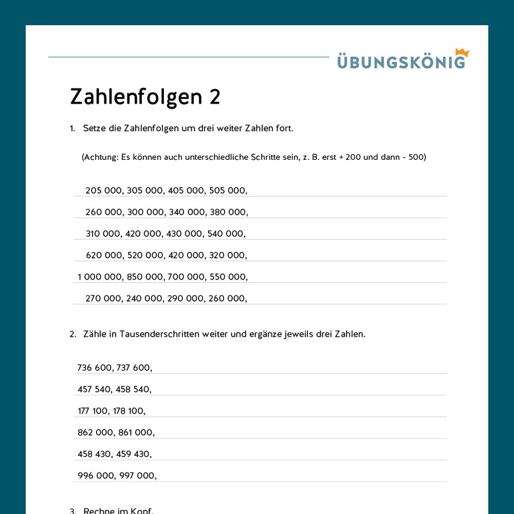 Königspaket: Zahlenfolgen ZR 1 000 000 (Mathe, Mittelschule)