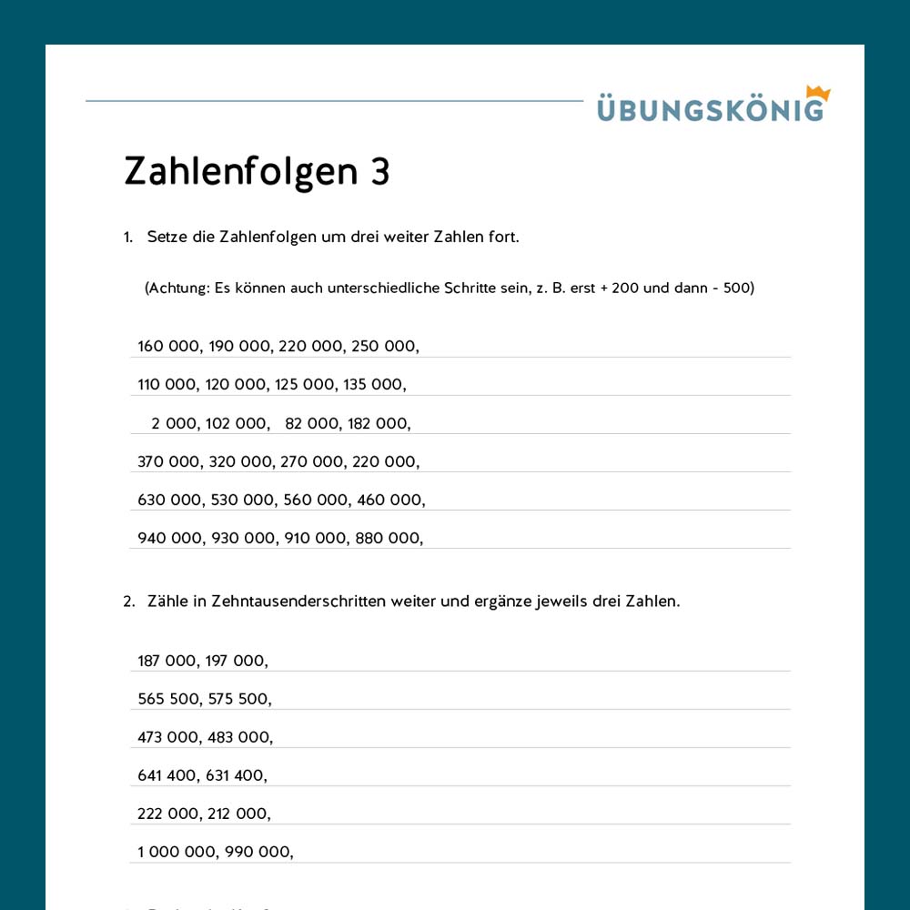 Königspaket: Zahlenfolgen ZR 1 000 000 (Mathe, Mittelschule)