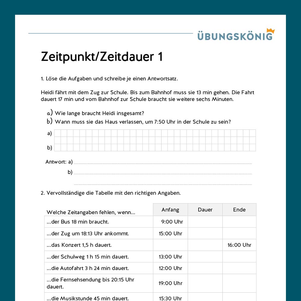 Königspaket: Zeitpunkt und Zeitdauer (Mathe, Mittelschule)