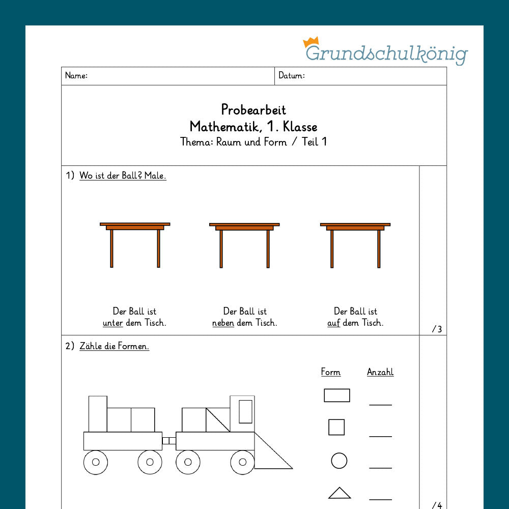 Mathe, 1. Klasse: Zwei Proben - Raum und Form 1