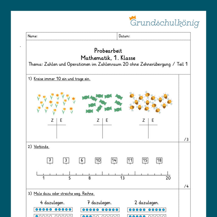 Mathe, 1. Klasse: Zwei Proben - Zahlenoperationen im Zahlenraum 20 - 1