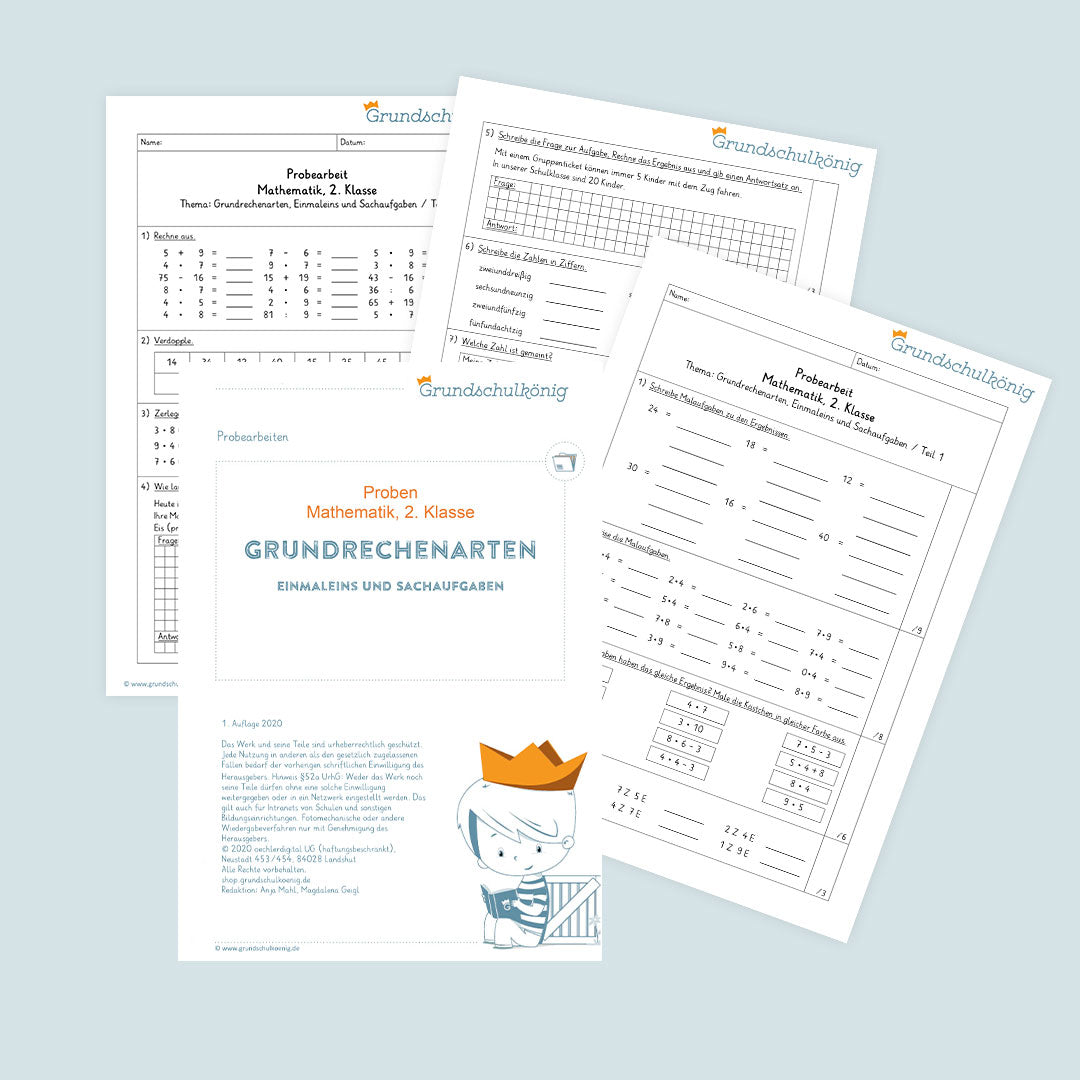 Mathe, 2. Klasse: Zwei Proben - Grundrechenarten (Einmaleins und Sachaufgaben)