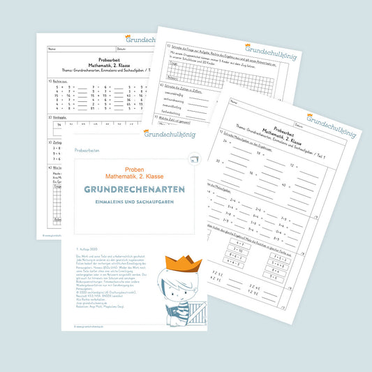 Mathe, 2. Klasse: Zwei Proben - Grundrechenarten (Einmaleins und Sachaufgaben)