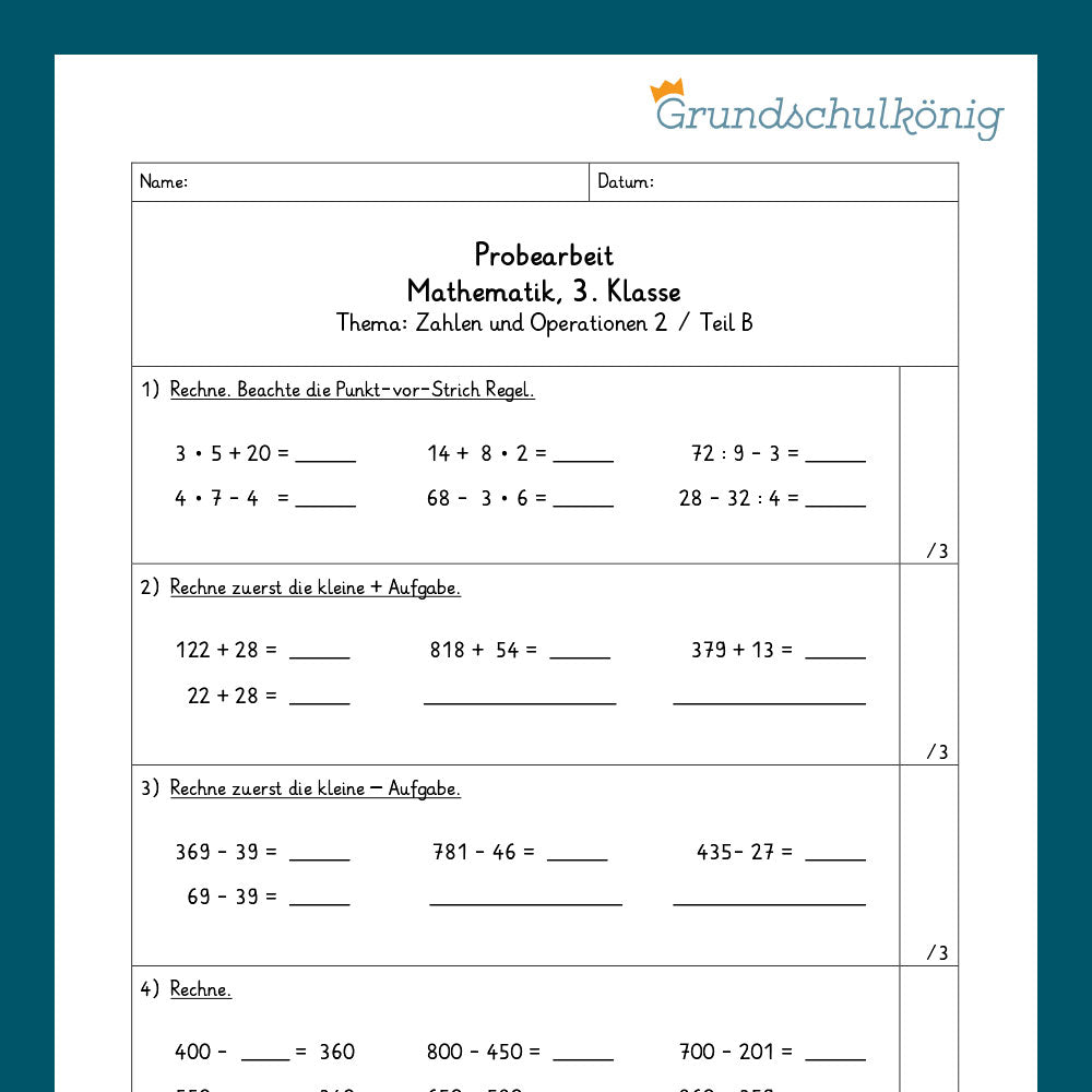 Mathe, 3. Klasse: Zwei Proben - Zahlenoperationen 2