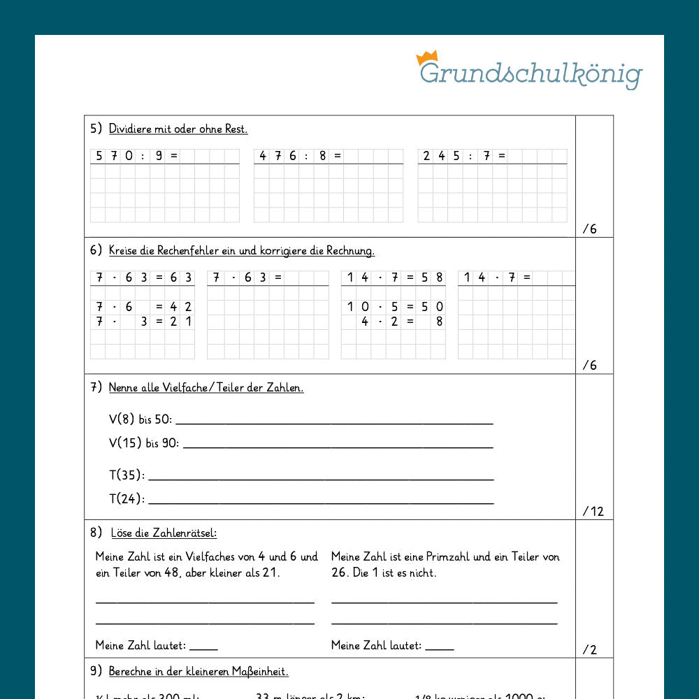 Mathe, 4. Klasse: Zwei Proben - Halbschriftliches Multiplizieren und Dividieren mit/ohne Rest, Rechenregeln, Teiler und Vielfache, Einheiten