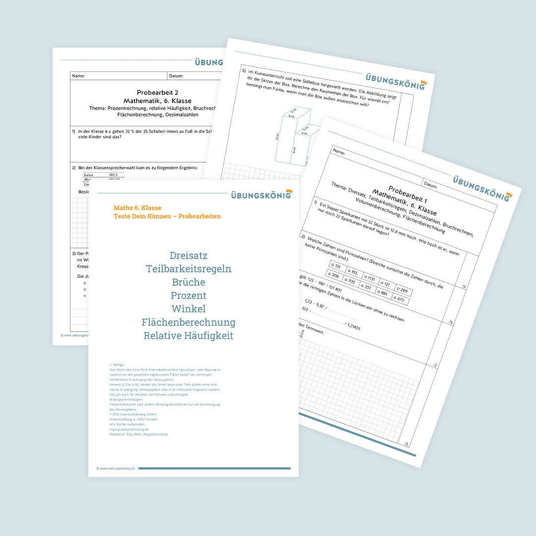 Mathe, 6. Klasse: Zwei Proben - Dreisatz, Brüche, Prozent, etc.