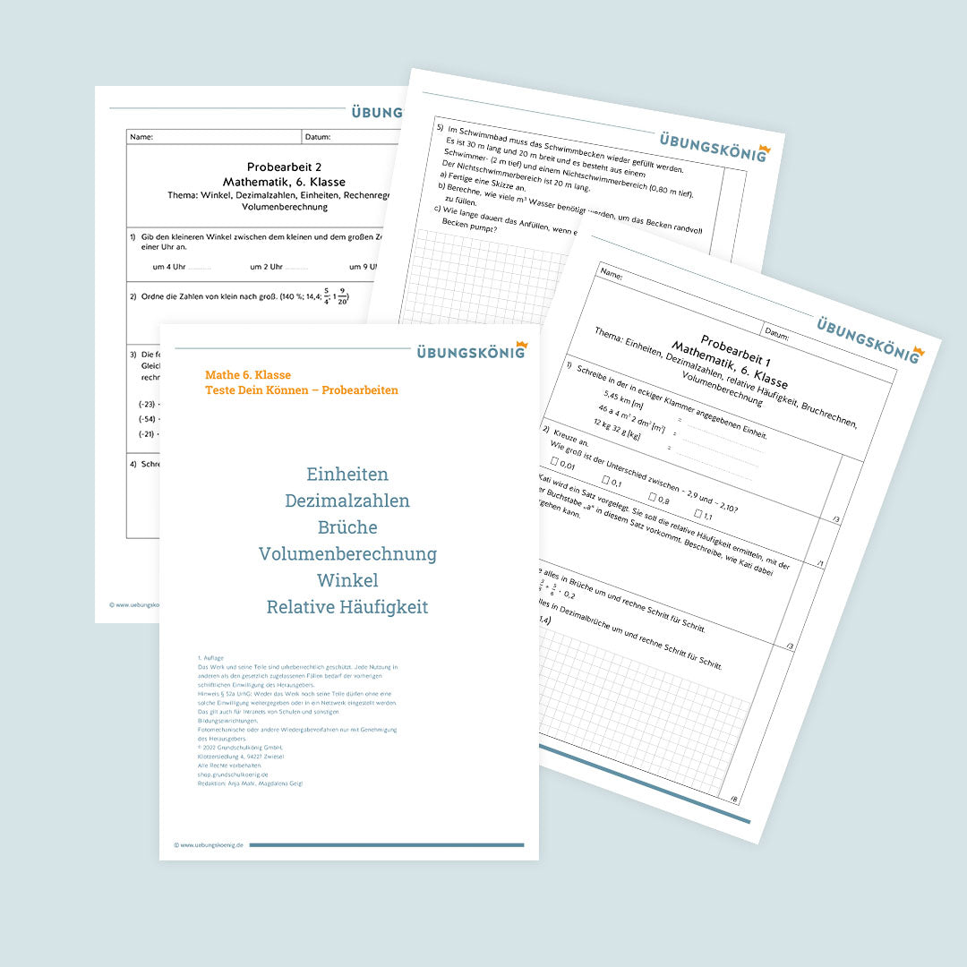 Mathe, 6. Klasse: Zwei Proben - Einheiten, Dezimalzahlen, Winkel, etc.