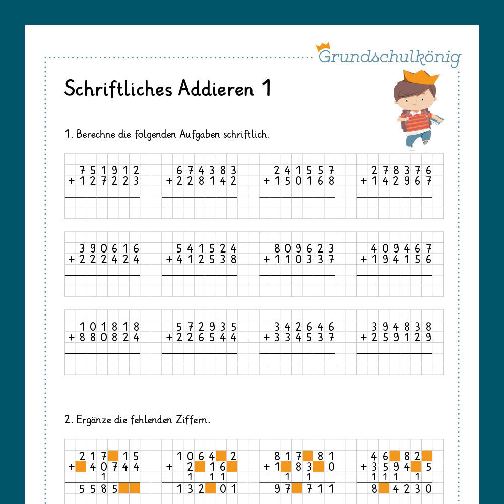 Königspaket: Schriftliches Addieren im ZR 1 000 000 (Mathe, 4. Klasse) - inklusive Test!