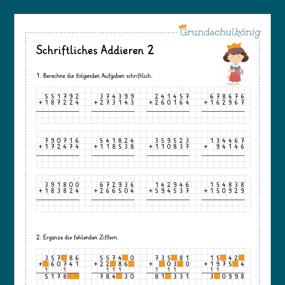 Königspaket: Schriftliches Addieren im ZR 1 000 000 (Mathe, 4. Klasse) - inklusive Test!