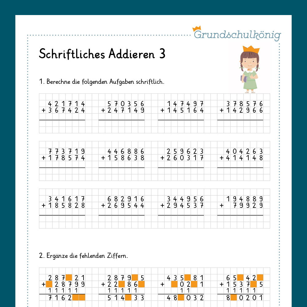 Königspaket: Schriftliches Addieren im ZR 1 000 000 (Mathe, 4. Klasse) - inklusive Test!